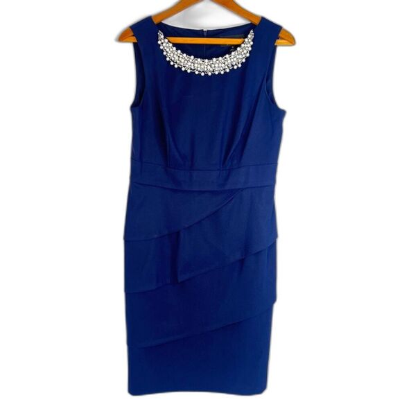 Connected Apparel Navy Blue Sleeveless Pearl Necklace Sheath Dress Size 10 - Picture 1 of 10